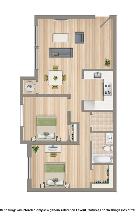 Floor plan for 2 beds, 1 bath, 898 sqft